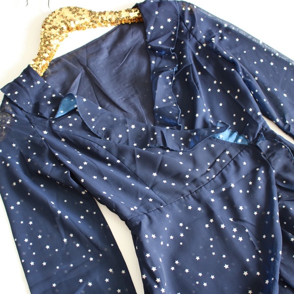 ❗️Blue White Stars Long Sleeve Frilled Wrap Dress - Picture 7 of 8